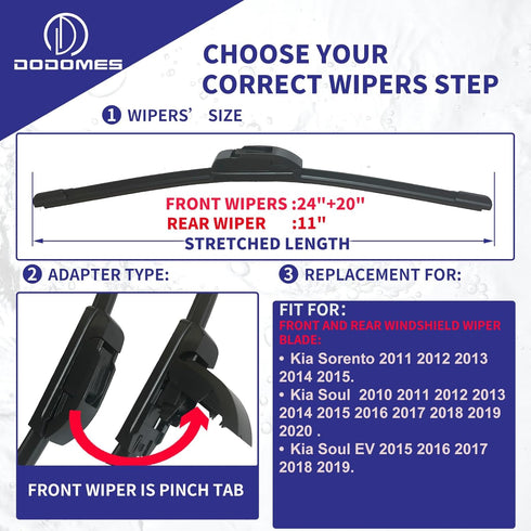 DODOMES 24"+20" Windshield Wipers with 11" Rear Wiper Blade Replacement for Kia Sorento 2011 2012 2013 2014 2015, 2010-2020 Kia Soul Soul EV-Origi...
