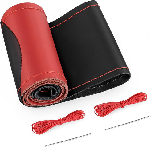 Leather Steering Wheel Wrap (Size M4, Black and Red)...
