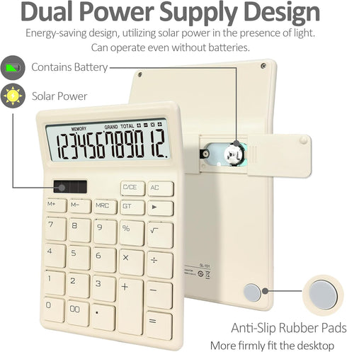 Standard Calculator 12 Digit,Beige Desktop Dual Power Battery and Solar,Desk Calculators with Large LCD Display,Perfect for Home, Office,and Schoo...