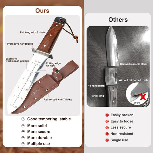 SHALL Hori Hori Garden Knife, Gardening Knife with Leather Sheath, Rosewood Handle & Hide Rope, 7” Stainless Steel Blade, Rope Cutting Edge, for D...
