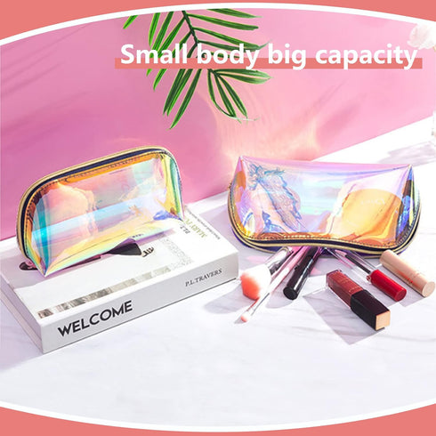 Holographic Makeup Bag Iridescent Cosmetic Pouch Clear Waterproof Portable Travel Cosmetic Pouch TPU Zippered Toiletry Organizer bag for Women 3PC...