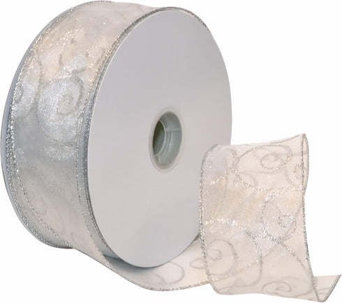 Morex Ribbon 7416.60/50-701 Swirl 2.5" X 50 YD Nylon Sheer Wired Glitter Ribbon, White/Silver, Holiday Ribbons for Crafts and Christmas Decoration...