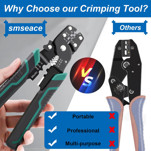 smseace Electrical crimping tool Wire crimper,stripper and cutterfor insulated/Bare/Heat Shrink connectors(22-10 AWG) Multifunctional stripping cr...