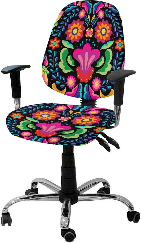 Colorful Floral Mexican Pattern Office Chair Cover Stretchable Computer Chair Seat Cover Backrest Slipcovers, Mexico Ethnic Black Abstract Art Str...