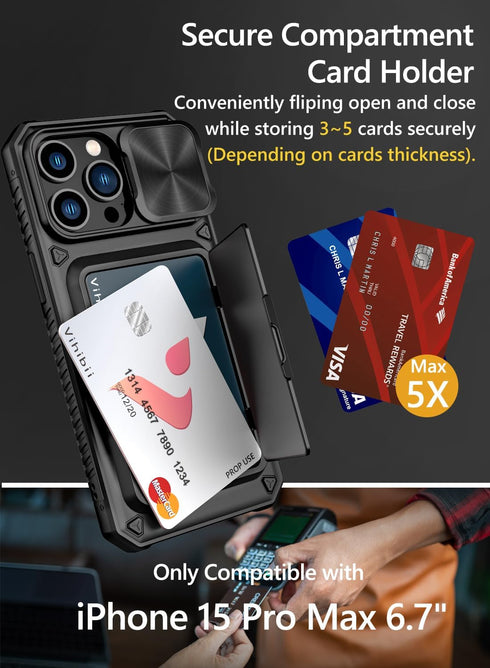 Vihibii for iPhone 15 Pro Max Case with Card Holder (4 Cards) & Slide Camera Cover & Kickstand, Military Grade Drop Protection, Rugged Hard Back &...