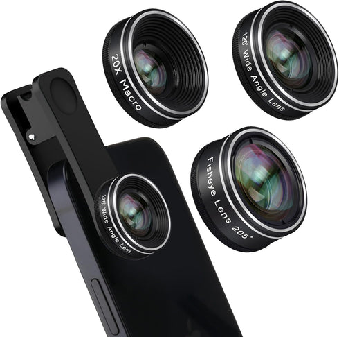 Phone Camera Lens, Godefa 3 in 1 Phone Lens kit-205° Fisheye Lens + Macro Lens + 120° Wide Angle Lens,Clip on Cell Phone Camera Lens Kits Compatib...