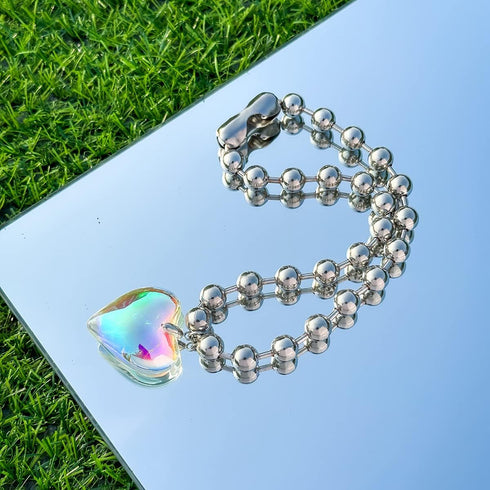 COLORFUL BLING Punk Chunky Glass Puffy Heart Beads Chain Choker Necklace Coloured Glaze Heart Charms Pendant Necklace Y2K Aesthetic Simple Jewelry...