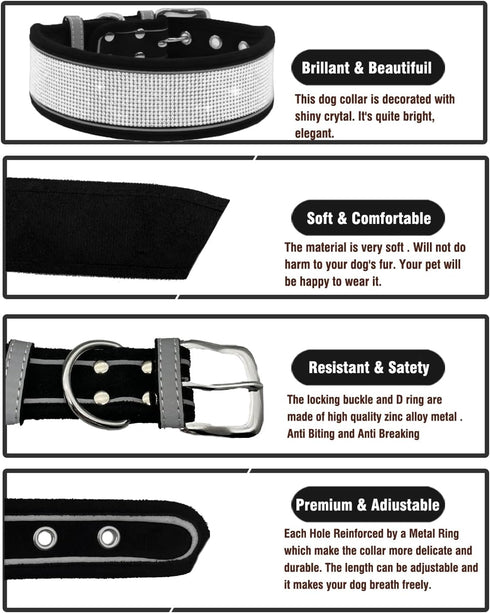 Bling Rhinestone Dog Collar Soft Comfortable Stylish Dog Collar with Bright Reflective Stripe Premium Adjustable Diamond Crystal Pet Collar for Sm...