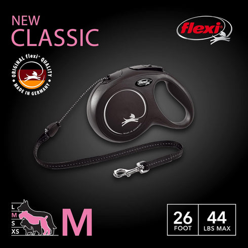 FLEXI® New Classic Retractable Dog Leash (Cord), Ergonomic, Durable and Tangle free Pet Walking Leash for Dogs Up to 44 lbs, 26 ft, Medium, Black...