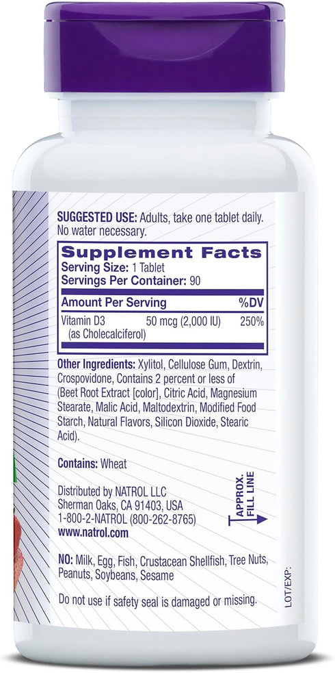 Natrol Fast Dissolve Vitamin D3 2,000 IU, Dietary Supplement for Bone and Joint Health, Bone Support Supplement, 90 Tablets, 90 Day Supply...