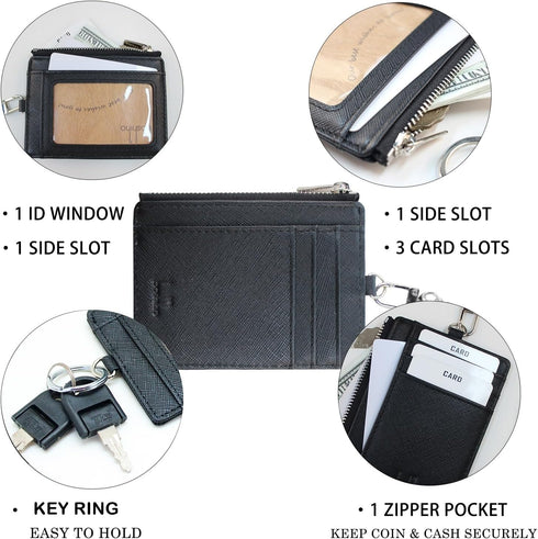 Boshiho Saffiano Leather Credit Card Holder Coin Change Purse with Key Ring Keychain - unisex...