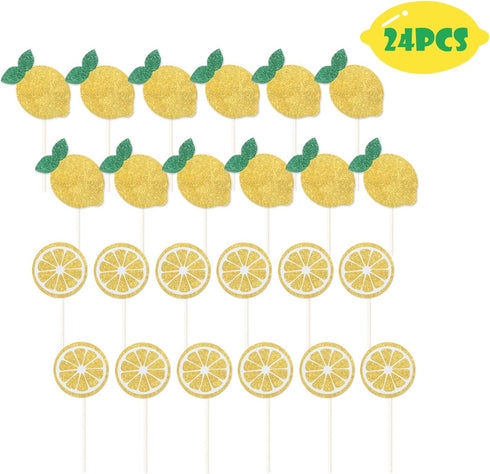 Oskal 24Pcs Glitter Lemon Cupcake Toppers Fruits Theme Party, Lemonade Party Decor, Summer Cupcake Toppers, Main Squeeze Party Decorations Tutti F...