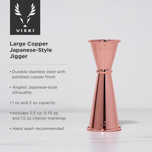 Viski Japanese Style Double Jigger for Cocktails, Bar Kit Essential, 1oz and 2oz with Interior Measurements, Rose Copper...