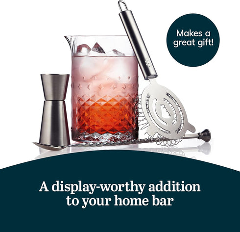 Libbey Carats Cocktail Barware Mixing Set, Large 25.5 oz Professional Mixing Glass with Home Bartender Accessories Kit, Satin Finish Measuring Jig...