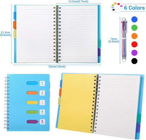 Kesoto A5 Lined Notebook with Multicolored Pen Wire Spiral Subject Notebook Journal with 5 Divider Tabs & 6 Color Retractable Ballpoint Pen, 240 P...