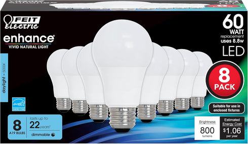 Feit Electric A19 LED Light Bulbs, 60W Equivalent, Dimmable, E26 Standard Base, 90 CRI, 800 Lumens, 5000K Daylight, 120V, 22 Years Lifetime, Damp ...