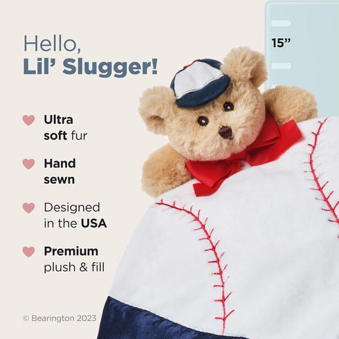 Bearington Collection Lil’ Slugger Snuggler Plush Baseball Lovey for Baby - 15 in Plush & Satin Security Blanket - Soft Teddy Bear Infant & Toddle...