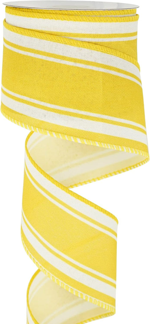 HUIHUANG Yellow Stripe Ribbon Wired Edge Craft Ribbon Yellow Burlap Ribbon Summer Lemon Wreath Ribbon 2.5 Inch X 10 Yards for DIY Crafts Bows Wrea...