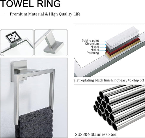 TNOMS Brushed Towel Ring Modern Square Hand Towel Bar,Towel Holder for Bathroom,Wall Mount Stainless Steel...