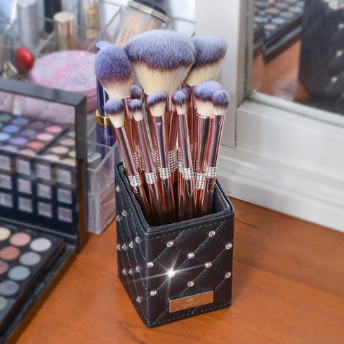 LORYP Makeup Brush Holder Crystal Brushes Cup Black PU Make up Brush Case Bag Storage for Women (Black)...