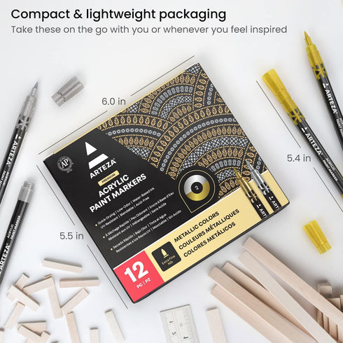 ARTEZA Acrylic Paint Markers, Set of 12 Metallic Marker Pens, 6 Gold and 6 Silver, Extra-Fine Nibs, 15mm, Blendable, for Stone, Glass, Wood, Ceram...