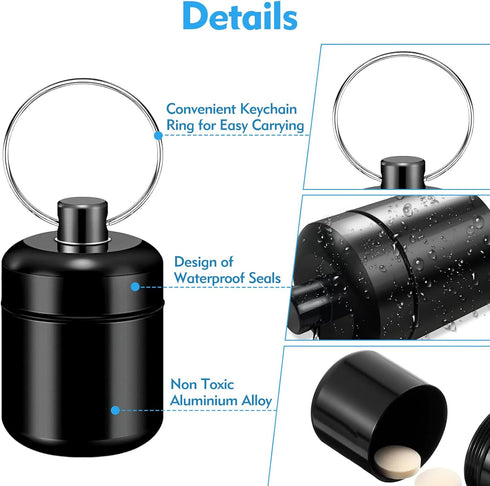 2PCS Keychain Pill Holder, Small Metal Pill Case for Travel Organization, Pocket Pill Organizer Case and Earplug Casing Box for Concerts (Black & ...