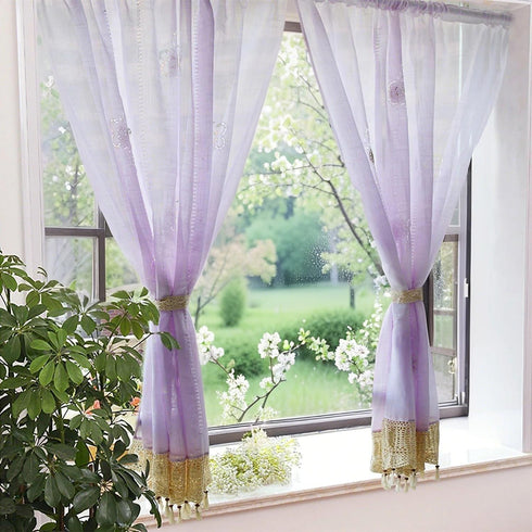 ABREEZE Cutwork Crochet Embroidered Curtain,Tassels Curtains Tie-Up Shade Sheer Curtains Adjustable Valances for Living Room,Light Purple 1Panel...