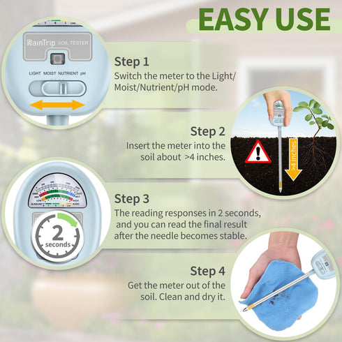 ?Upgraded ? 4-in-1 Soil Moisture Meter, Soil Ph Meter, Soil Tester for Moisture, Light,Nutrients, pH,Soil Ph Test Kit, Great for Garden, Lawn, Far...
