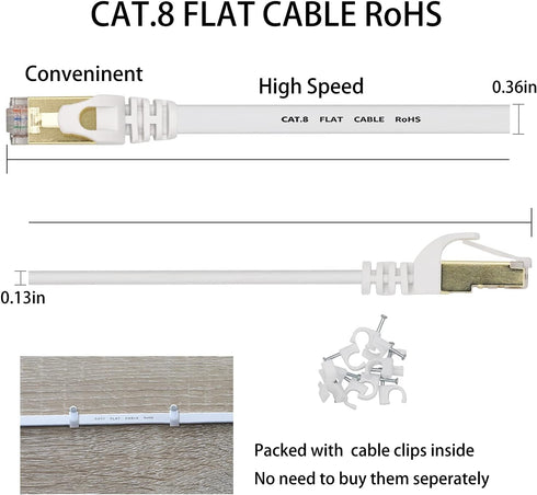 DEFACE Cat 8 Ethernet Cable 40 Ft Cat8 Internet Cable Flat Gigabit High Speed Shielded RJ45 LAN Cable for PS4, Xbox, Router, Modem, Gaming, White...
