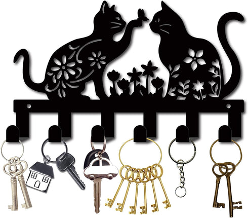 CREATCABIN Cat Metal Key Holder for Wall Mounted Key Hooks Iron Key Hanger Holder with 6 Hooks Metal Key Hanging Organizer Black Rack Wall Decor f...