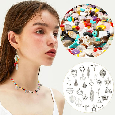 Natural Chip Stones for Bracelet - 400pcs 5mm to 8mm Gemstones Healing Loose Rocks Bead Hole Drilled DIY with 30pcs Silver Charms for Bracelet Nec...