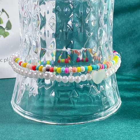 Colorful Beaded Anklet Pearl Heart Anklet Layered Ankle Fashion Beach Foot Jewelry for Women and Teen Girls...