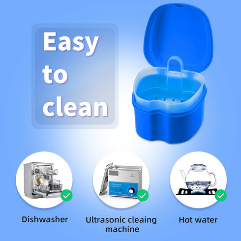 Denture Cup Dental Retainer Case Cleaning with Strainer Basket, Orthodontic Bath Box Mouthguard Storage Soaking Holder - Dark Blue...