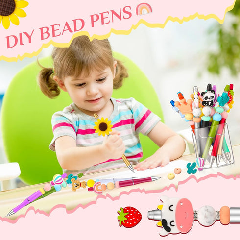 Ctosree 12 Pcs Beadable Pens Kit Silicone Focal Beads for Beadable Pens DIY Cute Animals Bead Pens Making Kit Cow Dinosaur Rainbow Beaded Ballpoin...