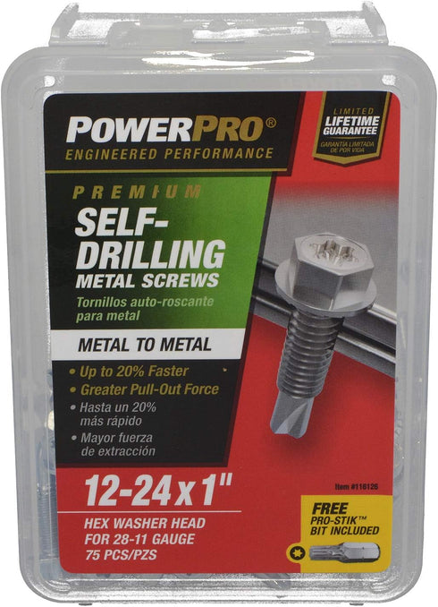 Power Pro Premium Self-Drilling Metal Screws, Zinc Plated Steel, Hex Washer Head Metal to Metal Winged Point Screws, Silver, #12 x 1 inch, Box of ...