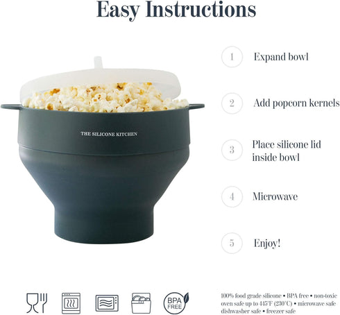 The Silicone Kitchen Silicone Microwave Popcorn Maker Collapsible Bowl, Non-Toxic, Dishwasher Safe, Dark Blue...