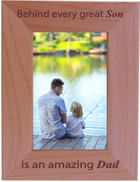 CustomGiftsNow Behind Every Great Son is an Amazing dad - Engraved Wood Picture Frame (4x6 Vertical)...