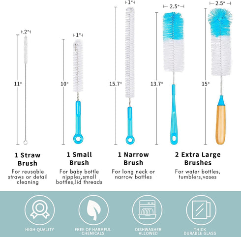 5 Pack Bottle Cleaner Brush, Straw Cleaner Brush, Water Bottle Brushes, Bong Brush, Bottle Cleaner for Washing Narrow Neck Beer Bottles, Wine Deca...