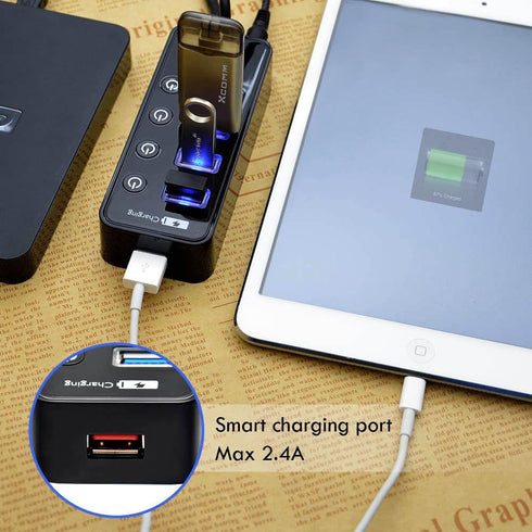 USB Hub 3.0 Powered, LYFNLOVE USB Extender 4-Port Data USB Hub with Power Adapter and 1 Smart Charging Port, USB Splitter with On/Off Switches for...