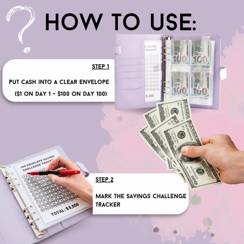 100 Envelopes Money Saving Challenge Book with Preprinted Numbers and Laminated Tracking Page - Easy & Fun Way to Save $5,050 in 100 Days, Money B...