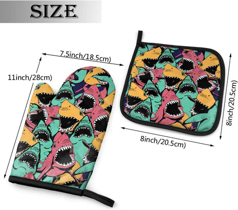 Angry Ocean Shark Oven Mitts and Pot Holders Insulated Gloves & Kitchen Counter Safe Mats for Cooking BBQ Baking Grilling (2-Piece Set)...