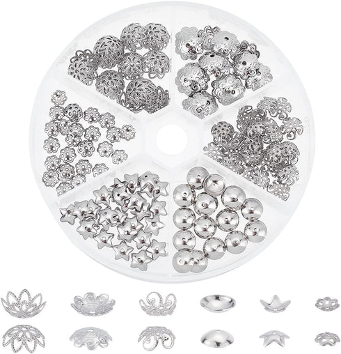 PH PandaHall 180pcs 304 Stainless Steel Bead Cap 6 Styles Muiti-Petal Round Filigree Flower Cup Shape Bead Spacer Beads for Earring Bracelet Neckl...