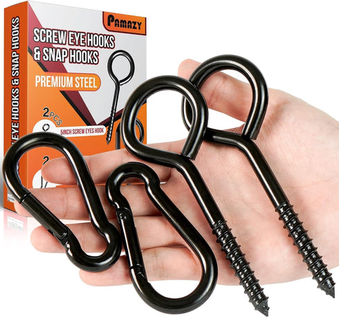 2PCS 5Inch Plated Screw Eyes Hook & 2PCS 8MM Snap Hooks, Heavy Duty Screw in Eye Hooks for Securing Cable Wires, Hammock Stand, Indoor & Outdoor U...