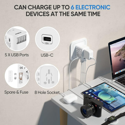 ROMECH Universal Travel Adapter, 5.6A Smart Power International Plug Adaptor AC Wall Charger for Global Travelling USA Europe EU UK AUS (Type C + ...