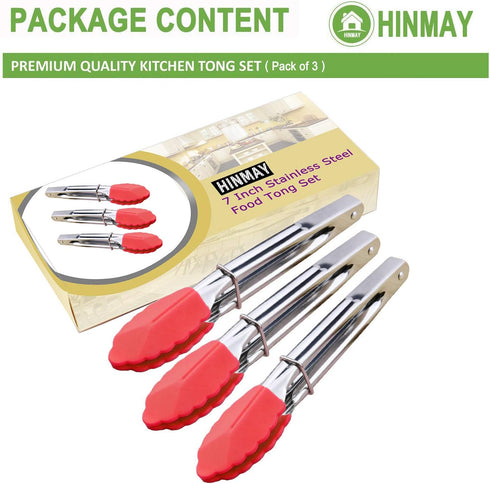 Small Tongs with Silicone Tips 7 Inch Kitchen Tongs, Set of 3 (Red)...