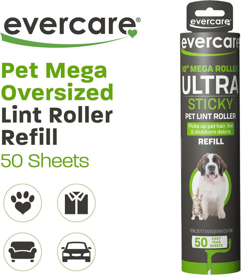 Evercare 10” Mega All-Purpose Pet Hair Lint Roller Refill, 50 Sheets – Sticky Roller for Pet Hair, Cat & Dog Hair Remover, Lint Remover, Pet Hair ...