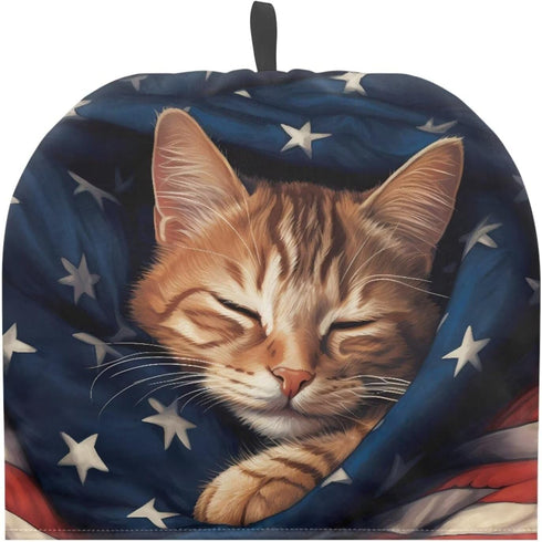 Tutolip US Flag Sleeping Cat Tea Pot Cover Warm Keeper with Top Hanging Loop Insulated Tea Kettle Cover Dust Proof Tea Cosies for Kitchen Home Dec...