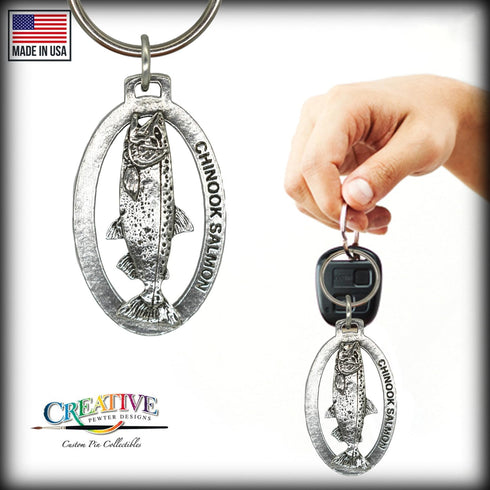 Salmon Keychain, Pewter, F041KC, 1 3/4”, King, Chinook, Tyee, 100% Handmade in the USA, King Salmon Key chain, Fishing Gift, Over 200 Fish Designs...