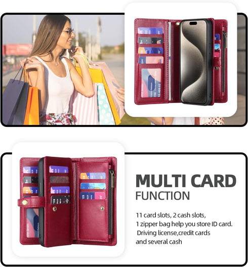for iPhone 15 Pro Max Wallet Case with Card Holder,Faux Leather Phone Case for Women Men,Magnetic,Kickstand,Wrist Strap,Zipper(Red)......