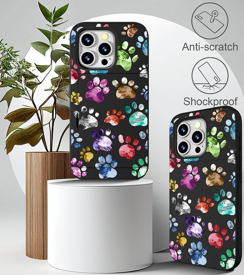 Compatible with iPhone 14 Promax Case Cute with Card Holder Slim Phone 14 Pro Max Wallet Cases for Women/Colorful Doodle Paws Dog Craws Footprints...